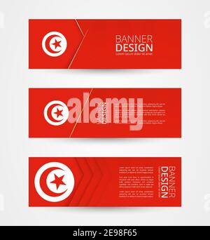 Set von drei horizontalen Banner mit Flagge von Tunesien. Webbanner Design Vorlage in der Farbe der Flagge Tunesiens. Vektorgrafik. Stock Vektor