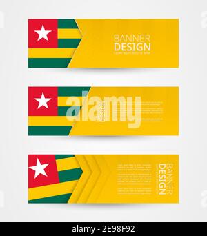 Set von drei horizontalen Banner mit Flagge von Togo. Webbanner Design-Vorlage in der Farbe der Togo-Flagge. Vektorgrafik. Stock Vektor