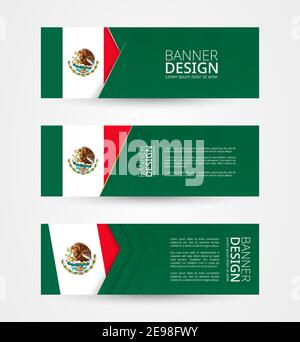 Set von drei horizontalen Banner mit Flagge von Mexiko. Web-Banner Design-Vorlage in Farbe der Flagge von Mexiko. Vektorgrafik. Stock Vektor