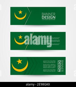 Set von drei horizontalen Banner mit Flagge von Mauretanien. Web-Banner Design-Vorlage in der Farbe der Flagge Mauretanien. Vektorgrafik. Stock Vektor