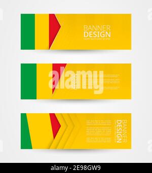 Set von drei horizontalen Banner mit Flagge von Mali. Webbanner Design-Vorlage in der Farbe der Mali-Flagge. Vektorgrafik. Stock Vektor
