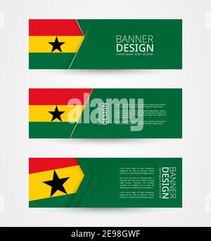 Set von drei horizontalen Banner mit Flagge von Ghana. Web Banner Design Vorlage in Farbe der Ghana Flagge. Vektorgrafik. Stock Vektor