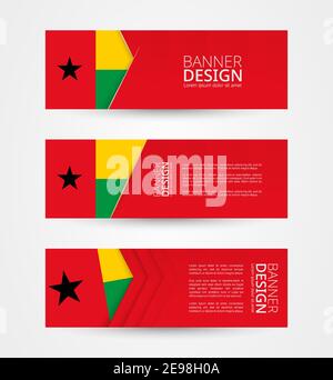Set von drei horizontalen Fahnen mit Flagge von Guinea-Bissau. Webbanner Design-Vorlage in der Farbe der Flagge Guinea-Bissau. Vektorgrafik. Stock Vektor