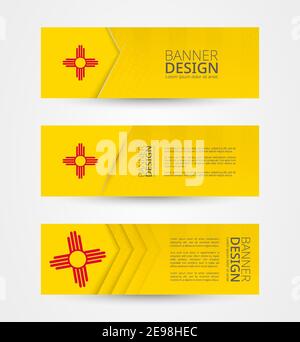 Set von drei horizontalen Fahnen mit US-Staatsflagge von New Mexico. Webbanner Design-Vorlage in der Farbe der Flagge von New Mexico. Vektorgrafik. Stock Vektor