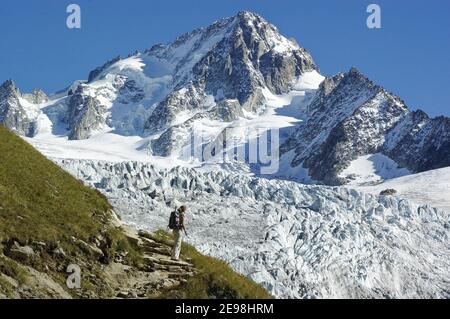 Eine Dame Trekker auf dem Fußweg vom lac Charamillon zum Refuge Albert Premier in den französischen Alpen, mit der Aiguille de Chardonnet und dem Glacier Du To Stockfoto