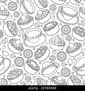 Lustige Tee, Desserts und Süßigkeiten mit Beeren nahtlose Muster. Stock Vektor