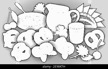 Brötchen, Blumen, Milch, Servietten, Beeren handgezeichnete Vektor Doodle Illustration. Stock Vektor