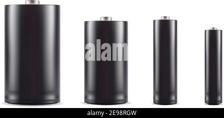 Schwarz Alkali-Mangan-Batterie-Mockup-Set. 3D realistische Vektordarstellung. Akkumulatoren unterschiedlicher Größe auf Weiß isoliert. Einmal-Netzteil für Lithium-Ionen-Akkus Stock Vektor