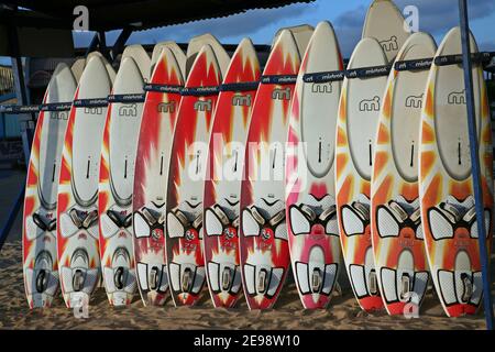 Surfbretter erwarten Surfer am Strand von Santa Maria auf der Insel Sal, Kap Verde. Stockfoto