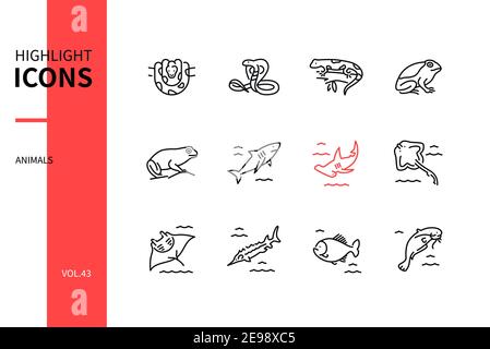 Tiere Kollektion - Linie Design Stil Icons Set. Schwarz-Weiß-Artikel. Eine Reihe von Amphibien, Fischen, Schlangen. Python, Kobra, Salamander, Kröte, Frosch, Sha Stock Vektor