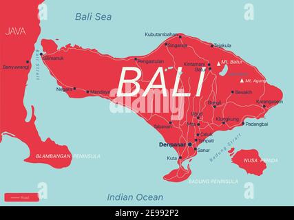 Bali Land detaillierte editierbare Karte mit Regionen Städte und Städte, Straßen und Eisenbahnen, geografische Standorte. Vector EPS-10-Datei Stock Vektor