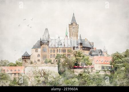 Das malerische Schloss Wernigerode, hoch über der Stadt. Wernigerode im Harz, Sachsen-Anhalt, Mitteldeutschland. Aquarellillustration. Stockfoto