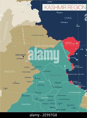 Kashmir Region detaillierte editierbare Karte mit Ländern Städte und Städte. Vector EPS-10-Datei Stock Vektor