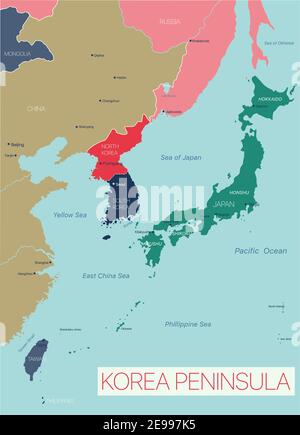 Korea Peninsula Detaillierte bearbeitbare Karte mit Ländern Hauptstädte und Städte. Vector EPS-10-Datei Stock Vektor