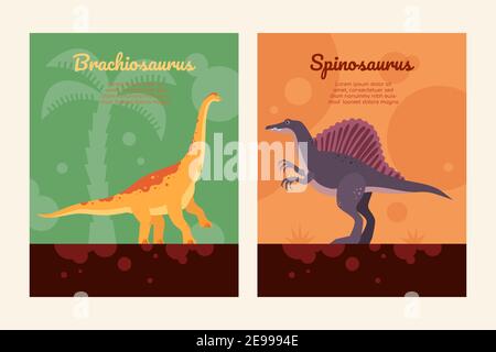 Verschiedene Dinosaurier - Satz von flachen Design-Stil Plakate mit Platz für Text kopieren. Spinosaurus und brachiosaurus farbenfrohe Bilder. Dino Kollektion, extinisch Stock Vektor