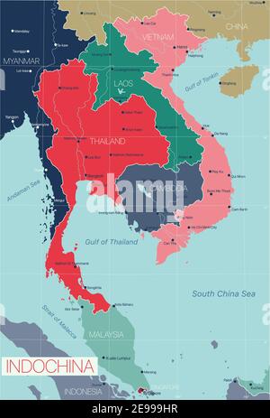Indochina detaillierte editierbare Karte mit Ländern Städte und Gemeinden. Vector EPS-10-Datei Stock Vektor