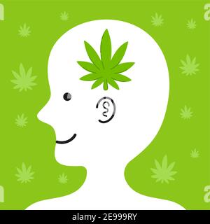 Netter menschlicher Kopf im Profil mit Marihuana-Blatt innen. Vektor Cartoon Figur Illustration Symbol. Medizinisches Marihuana, Unkrautkonzept Stock Vektor