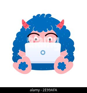 Lustige Yeti in Brille arbeiten mit Laptop. Vektor flache Cartoon kawaii Figur Illustration Symbol. Isoliert auf weißem Hintergrund Stock Vektor