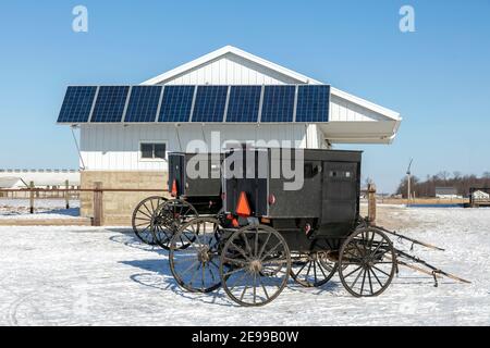 Amish Farm mit Sonnenkollektoren, Indiana, USA, von James D. Coppinger/Dembinsky Photo Assoc Stockfoto