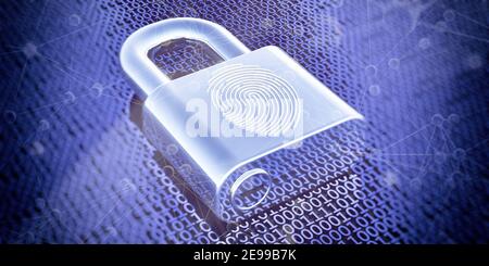 Cyber-Sicherheit Zukunftsorientierte Technologie. Fingerprint-Schnittstelle, Passwort-Scanner, ai künstliche Intelligenz Vorhängeschloss. Digitale Authentifizierung, biometrische A Stockfoto