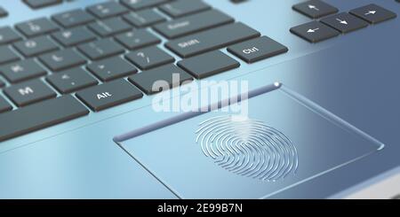 Computer Fingerabdruck-Scan biometrische Identifizierungs-Autorisierung. Fingersensor auf einem Laptop. Authentifizierung, Zutrittskontrolle, Sicherheitskonzept. 3D Illustra Stockfoto