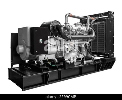 Gaskolben mobilen Dieselmotor elektrischen Generator isoliert auf weißem Hintergrund, Industrie Energie Motor Konzept Stockfoto