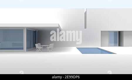 Modernes, minimalistisches weißes Gebäude mit Swimmingpool. 3D Rendern Stockfoto