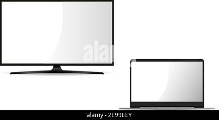 Abbildung zum Mockup von Monitoren und Laptops. Flacher Satz tragbarer Notebook-PCs und LCD-Monitore. Layout für Web mit leerem weißen Bildschirm. Personal Digital Tec Stock Vektor