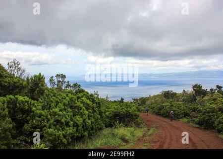 Wandergruppe, grüne Landschaften erkunden, Azoren, Insel Pico. Stockfoto