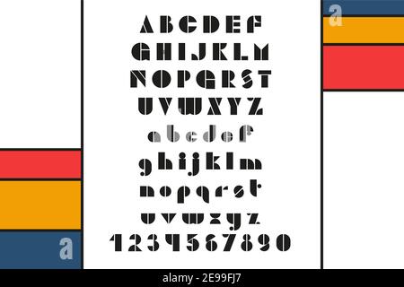 Bauhaus Buchstaben und Zahlen gesetzt. Moderne Typografie. Schriftart für Veranstaltungen, Aktionen, Logos, Banner, Monogramm und Poster. Stock Vektor