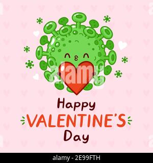 Cute Corona Virus mit Herz. Happy Valentines Tageskarte. Vektor flache Linie Cartoon kawaii Figur Illustration Symbol. Valentinstag Coronavirus Konzept Stock Vektor