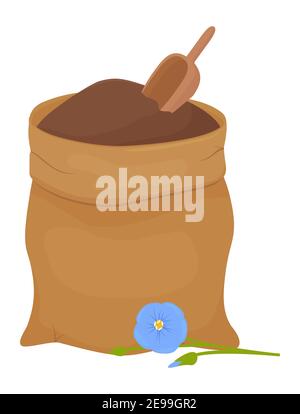 Flachsmehl in braunem Stoffbeutel isoliert auf weißem Hintergrund. Gesunde Ernährung natürliche Zutat. Cartoon Vektorgrafik. Stock Vektor