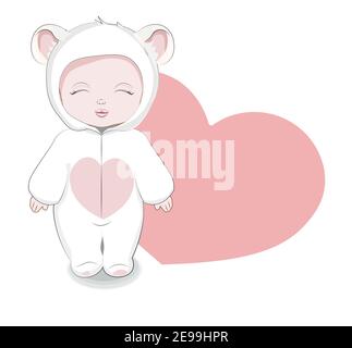 Baby im Teddybär Jumpsuit, einteilige Pyjamas, Bild in der Hand Zeichnung Cartoon-Stil, für T-Shirt tragen Mode-Druck-Design, Grußkarte, Postkarte. Stock Vektor