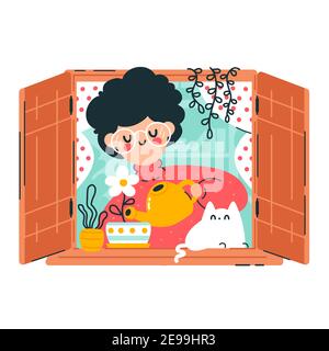 Nette junge Frau Wasserpflanzen und Blumen auf dem Fenster. Vektor Cartoon Figur Illustration Symbol. Isoliert auf weißem Hintergrund. Home Pflanzen im Fenster Konzept Stock Vektor