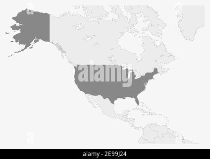 Karte von Amerika mit hervorgehobener USA-Karte, graue Karte der Vereinigten Staaten von Amerika mit Nachbarländern Stock Vektor