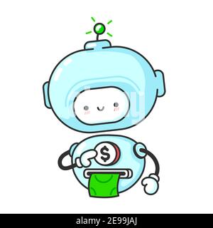 Lustige niedlichen Roboter, Chat bot druckt Geld. Vektor flache Linie Cartoon kawaii Figur Illustration Symbol. Isoliert auf weißem Hintergrund. Roboter, bot Maskottchen Charakter Konzept Stock Vektor