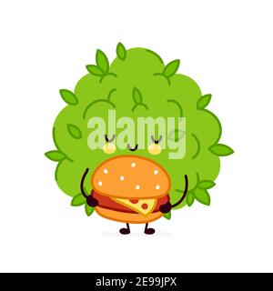 Nette lustige Marihuana Unkraut Knospe Charakter mit Burger. Vektor flache Linie Cartoon kawaii Figur Illustration Symbol. Isoliert auf weißem Hintergrund. Unkraut Gesicht Charakter Maskottchen Konzept Stock Vektor