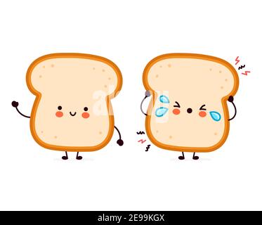 Nette lustige glücklich und traurig Brot Toast Charakter. Vektor flache Linie Cartoon kawaii Figur Illustration Symbol. Isoliert auf weißem Hintergrund. Toast mit Gesichtsfigur Maskottchen Konzept Stock Vektor