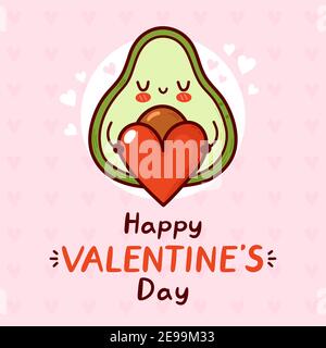 Nette lustige Avocado präsent Herz. Happy Valentines Tageskarte. Vektor flache Linie Cartoon kawaii Figur Illustration Symbol. Valentinstagskonzept Stock Vektor