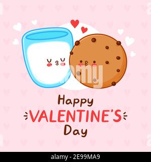 Nette lustige Plätzchen und Milchglas Paar. Happy Valentines Tageskarte. Vektor flache Linie Cartoon kawaii Figur Illustration Symbol. Valentinstagskonzept Stock Vektor