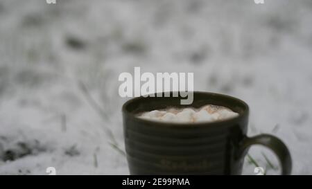 Grüne Tasse, die auf weißem Schnee liegt und grünes Gras hervorsteht. In der Tasse haben wir heiße Schokolade mit schwimmenden weißen Marshmallows. Stockfoto