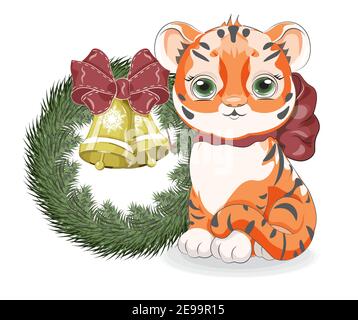 Niedliches Baby Tiger Symbol 2022, 2034 haoy neues Jahr mit Schleife, Bild in der Hand Zeichnung Cartoon-Stil, für T-Shirt tragen Mode-Druck-Design, Gruß Auto Stock Vektor