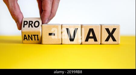 Pro-vax- oder Anti-vax-Symbol. Der Arzt dreht einen Würfel, ändert die Worte „Anti-vax“ in „Pro-vax“. Schöner gelber Tisch, weißer Hintergrund. Speicherplatz kopieren. Unternehmen Stockfoto