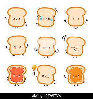 Nette lustige glücklich Brot Toast Charakter-Set-Sammlung. Vektor flache Linie Cartoon kawaii Figur Illustration Symbol. Isoliert auf weißem Hintergrund. Toast mit Gesichtsfigur Maskottchen Bundle Konzept Stock Vektor