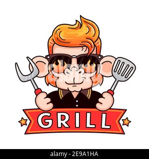 Lustige coole Affen in Sonnenbrille mit Grillwerkzeug. Grill-Logo-Design. Vektor Cartoon kawaii Figur Illustration Symbol. Isoliert auf weißem Hintergrund. Affen Maskottchen Charakter Grill Konzept Stock Vektor