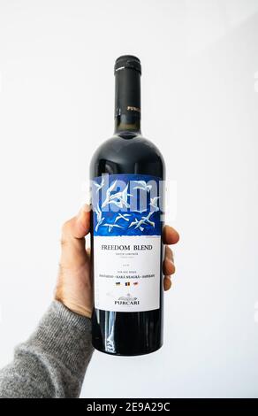 Paris, Frankreich - 26. Okt 2018: POV männliche Hand Holding Flasche mit Rotwein Freedom Blend von Purcari Weingut aus der Republik Moldau Stockfoto