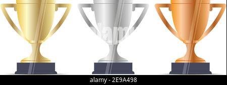 Gewinner-Cup-Belohnungssatz. Gold, Silber, Bronze Trophy Award für Achieve Champ Place. Sieg auf Erfolg Leadership Game Contest. Einfache Website-Ui-Eleme Stock Vektor