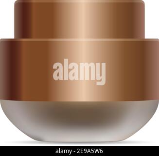 Glas matt für kosmetische Creme mit goldener Kappe. 3D realistische Frosting Verpackung mit braunem runden Plastikdeckel für koreanische Gesichts-Salbe, Creme, Moi Stock Vektor