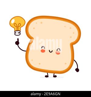 Nette lustige Brot Toast Charakter mit Idee Glühbirne. Vektor flache Linie Cartoon kawaii Figur Illustration Symbol. Isoliert auf weißem Hintergrund. Toast mit Gesichtsfigur Maskottchen Konzept Stock Vektor