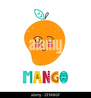 Süß glücklich Lächeln Mango Obst. Vektor einfache flache Cartoon skandinavischen Charakter handgezeichnete Illustration Symbol. Isoliert auf weißem Hintergrund. Skandinavisches Mangofrucht-Druckkonzept Stock Vektor